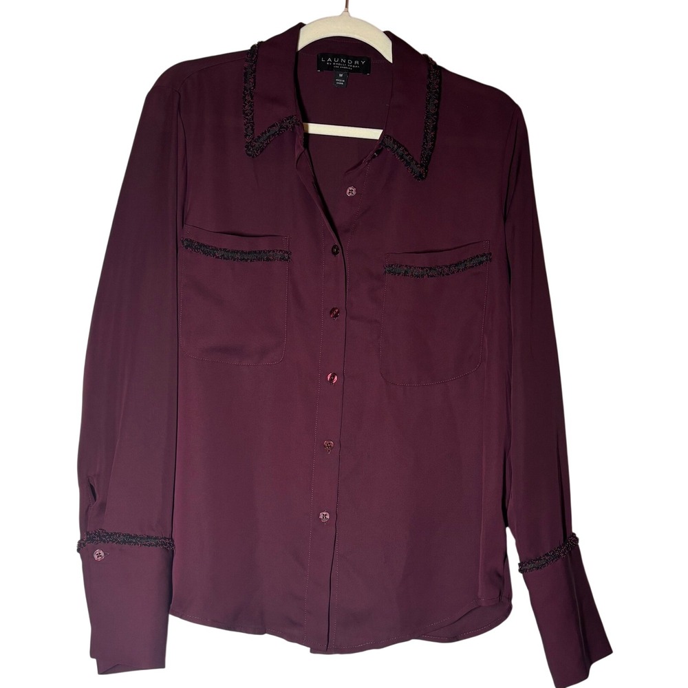 Laundry by Shelli Segal Long Sleeve Blouse Women's Plum Textured Fringe Trim Med